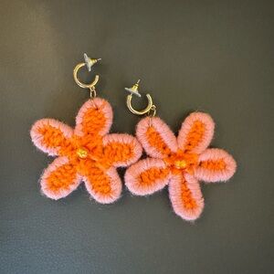 Crochet Free People Pink and Orange Flower Earrings